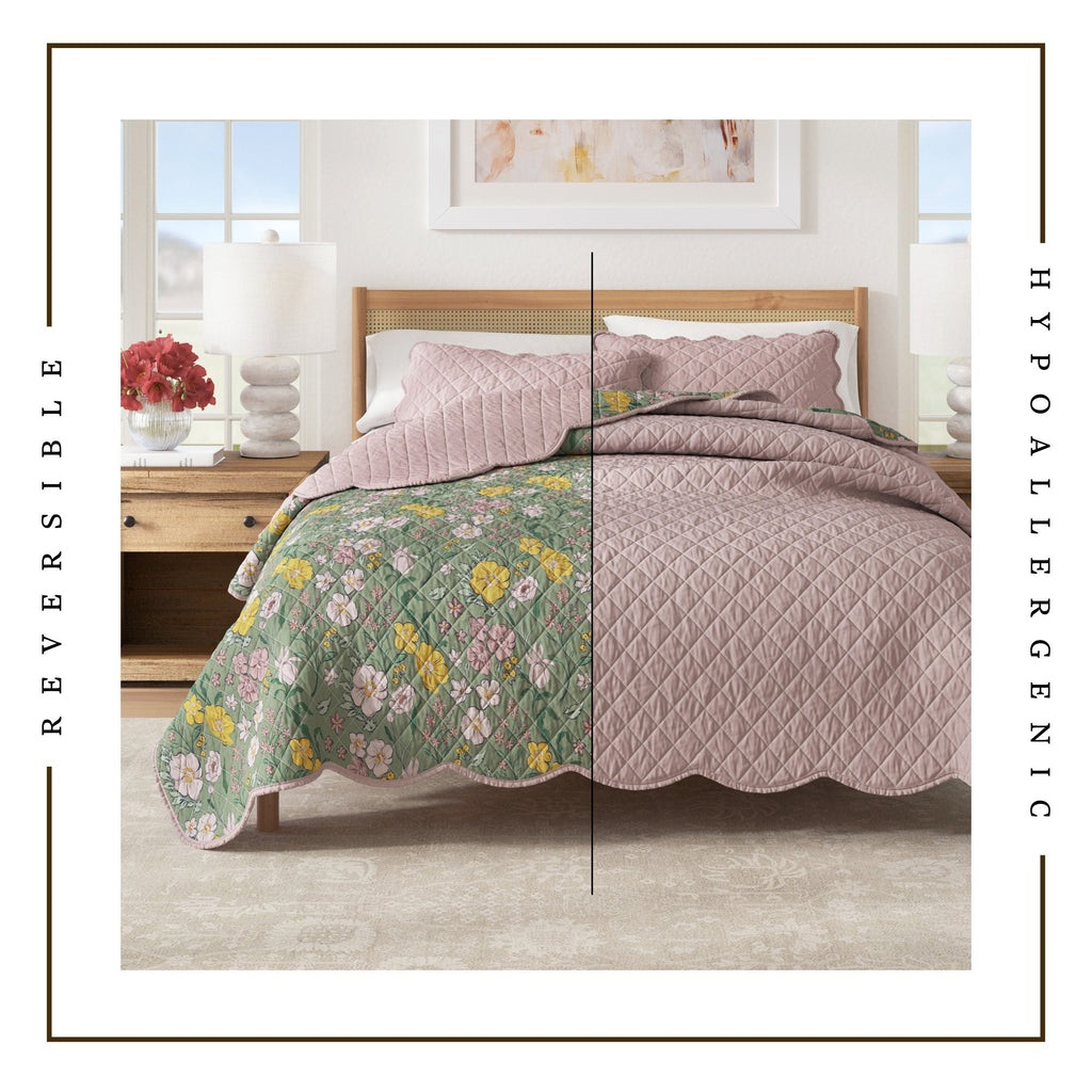 Floral Print & Scalloped Cotton Quilt Set - Gwen Collection